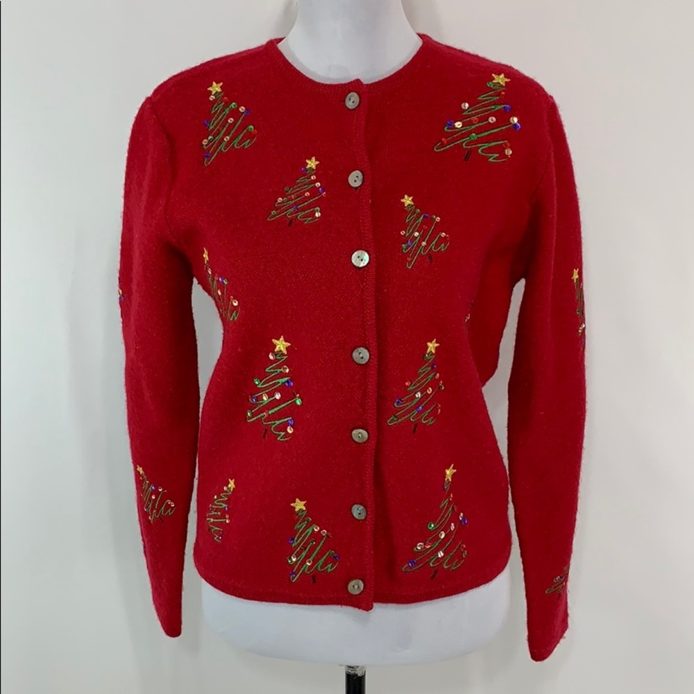 Karen Scott wool Christmas Trees button cardigan